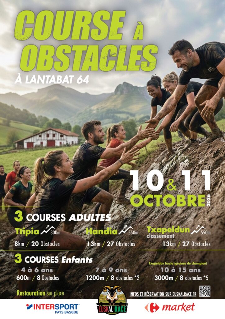 cette image est l'affiche officielle de la course à obstacles Euskal Race 2026. Elle vise à illustrer et à identifier les différentes courses proposées avec les km, dénivelé positif et âge.